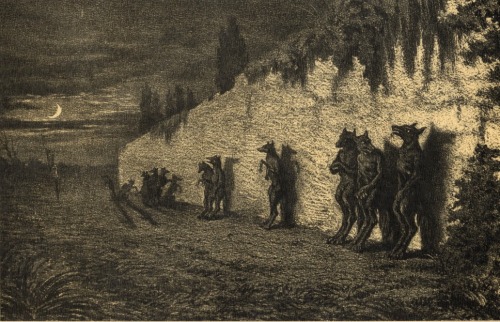 leviathan-the-boy:were-ralph:mad-muttz:deathandmysticism:Maurice Sand, Werewolves leaning against the wall of a cemetery at night, 1858 Lads night out, their pretending their not shit faced  they’re waiting their turn :) 