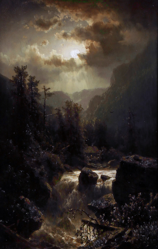 Moonlit Night In The Carinthian Alps, Oil On Panel. Adolf Chwala (Czech, 1836-1900)