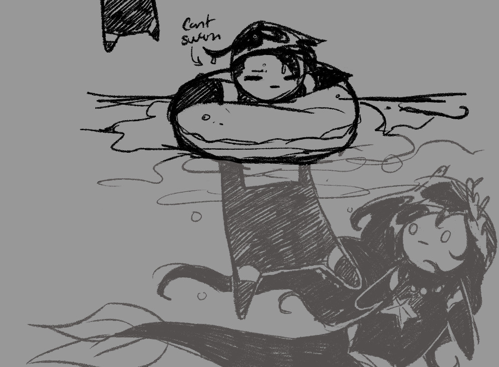 a doodle of adler in an innertube with a mermaid falke looking up at him from underwater