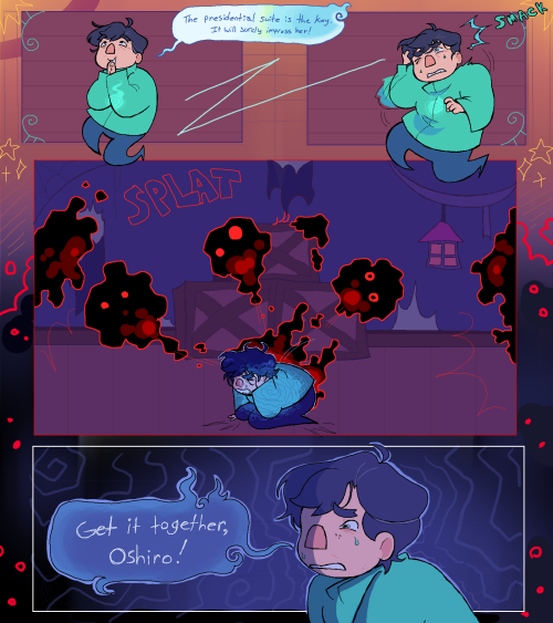 A scene from Celeste that has been redrawn as a four panel comic. In the first panel, Mr. Oshiro clasps his hands together and smiles. His dialogue reads:
"The presidential suite is the key! It will surely impress her!"
In the second, He smacks his hand against his head and winces.
In the third panel, he kneels over with one hand on his head, grimacing in pain. Black blobs with a red outline and eyes shoot out from him and onto the walls and boxes in the hotel. There is onomatopoeia near the wall that reads: "SPLAT"
In the last panel, he is sitting up, looking concerned. He says:
"Get it together Oshiro!"
The top half of the border around the comic is of the wooden walls of Oshiro's hotel, which gradients into a darker purple. The bottom half of the border is covered by the same black blobs from panel 3.