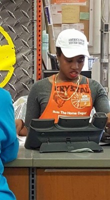 magnius159:  wilwheaton:  papermagazine:  This Home Depot Employee Wearing An “America Was Never Great” Hat Is Our Hero   BOOM.  glad she wasnt fired