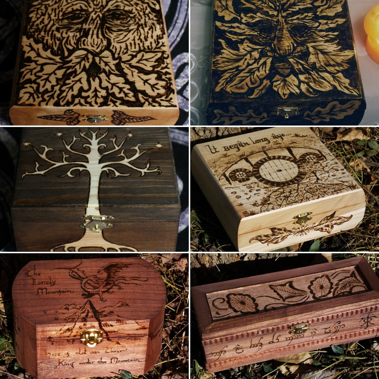 13thmoon:Some woodburned boxes I made for fun over the last few years. It’s been