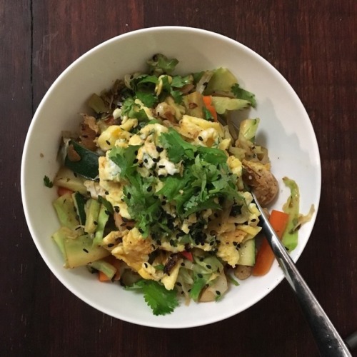 Stir fried veggies with egg, sesame seeds + cilantro