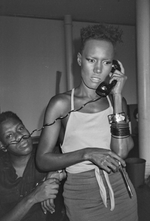 twixnmix:Grace Jones with Keith Haring and André Leon Talley during a photo shoot at Andy Warhol’s s