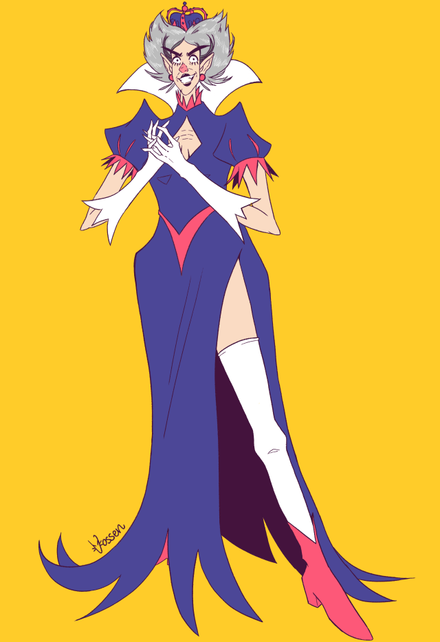 A digital illustration in the style of the Wabrothers from Mario. Wa Peach is tall and bony, with an evil expression. She has grey hair, a long, spiky blue dress with red accents, and a crown.