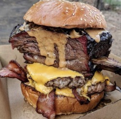 food-porn-diary:  Smoked Beef Short Rib and Angus Double Burger with Vermont Cheddar and Applewood Smoked Bacon