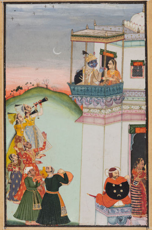 Krishna and Consort on a Palace Balcony with Musicians Vukharo Ragaputra of Bhairav