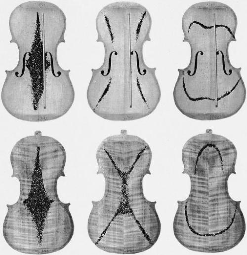 Pictures of some normal modes of unattached violin plates (top) and the violin itself (bottom), from