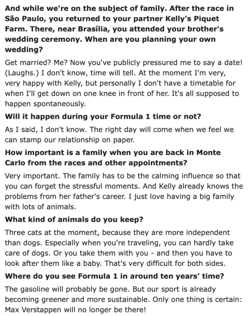 Max On Marriage, Three(?!) Cats And F1 In 10 Years Time (via Blick And Reddit)