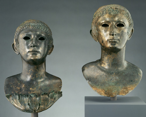 theancientwayoflife:  ~Pair of Portrait Busts of Youths and Two Marble Eyes. Artist/Maker: Unknown Culture: Roman Places: Roman Empire (Place created) Eastern Gaul (France) (Place found) Date: 60 - 70 Medium: Bronze and marble 