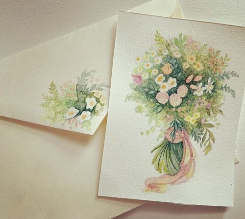 A wee watercolor of my friend @kellywoveit ‘s wedding bouquet #watercolor #akvarell #bouquet #weddin