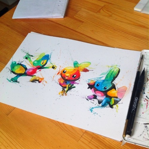 thegameisalife:  Pokémon en acuarelas.Pokémon on watercolor.By Lisa-Marie Melin  Queria desenhar assim