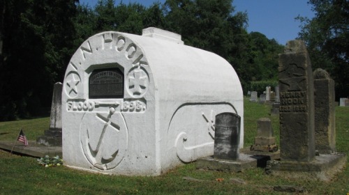 Captain Hook gravesite in Old Brick Cemetery in Morgan County between Stockport and McConnellsville (Ohio). Legend has it that he designed the tombstone to be rounded so his wife couldn’t dance on his grave when he died, as she said she would!