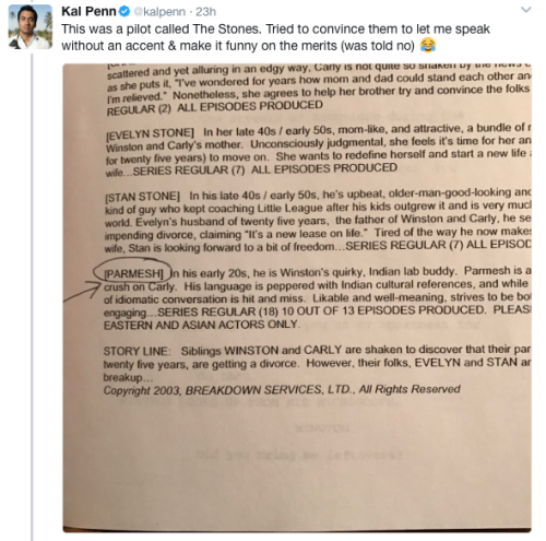 diversemovies:Kal Penn tweets out some of the racist scripts he read in his early days of acting.