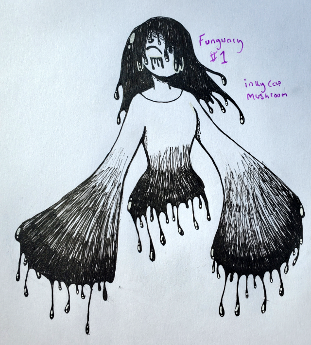 a black-and-white pen drawing of a person reminiscent of an Inky Cap mushroom; their long hair and their long bell sleeves drip like ink