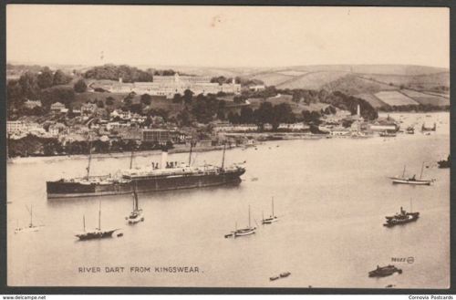 Printed sepia postcard showing Kingswear and the River Dart in south Devon (1925).
