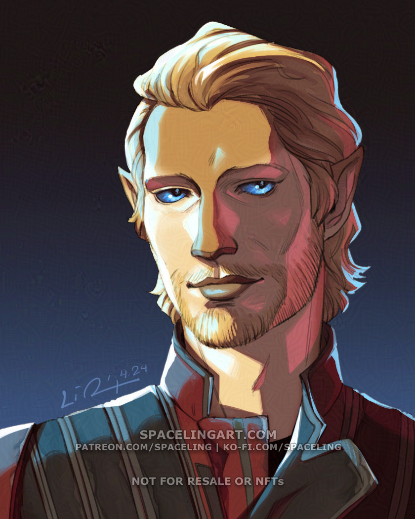 Star Wars fanart of a cathar man giving a relaxed smile at the viewer. He is a humanoid with feline features, striking blue eyes, and golden-blond fur, hair, and beard. He's also wearing a red jacket.