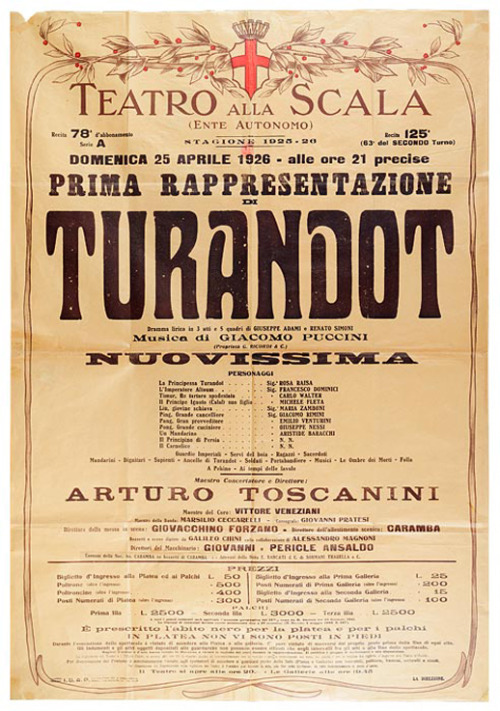 Playbill for the world premiere of Turandot, La Scala Milan, 1926. Conducted by Arturo Toscanini. Ja