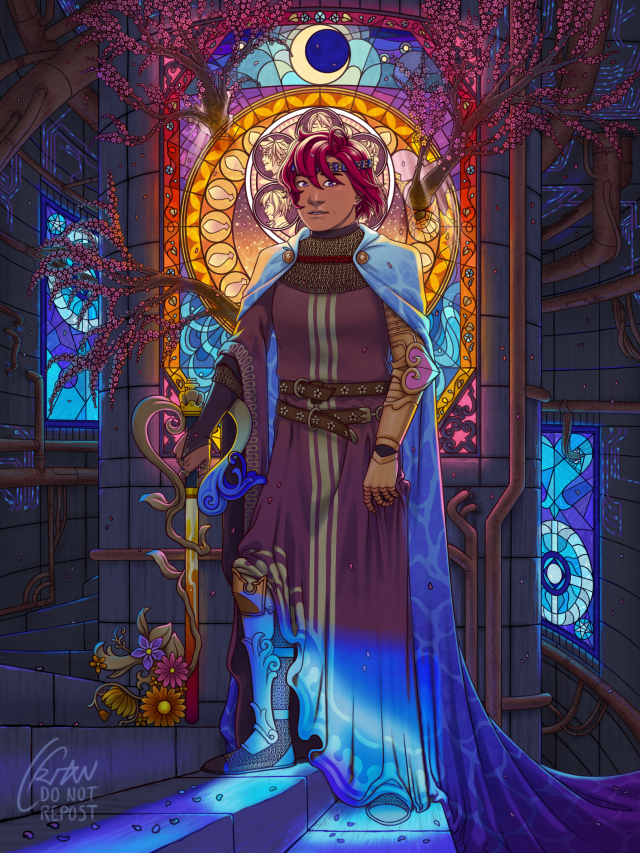 An illustration of Kairi from Kingdom Hearts in the style of a fashion shoot. She stands in the spiral staircase of a castle themed after Hollow Bastion, illuminated by several stained glass windows; the one framing her is styled after the Stations from Kingdom Hearts and holds character portraits as well as a moonlit sky above and stylized waves below. Plum blossoms fall from branches twisting in through breaks in the window. She is wearing a thirteenth century dress over chainmail armor and holding her Destiny's Embrace Keyblade at rest. A wave-detailed cloak is pinned to her shoulders and flows down the stairs behind her. She wears a sword belt, a gauntlet with a heart couter, and a diadem of large, square blue gems.