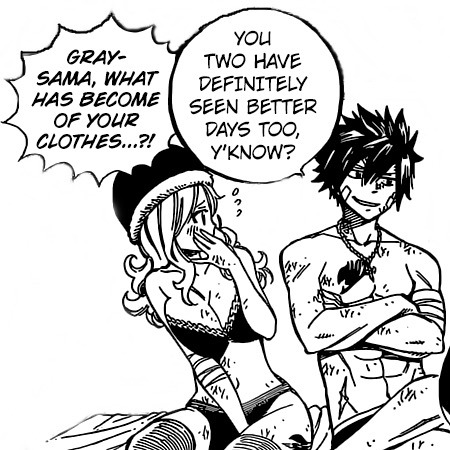 awesomewweus:  Honestly these two couples are rubbing off each other  Like Juvia is stripping in PUBLIC before she would wear a thick coat   Lucy has that Natsu face when he tries to remember something