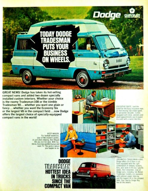 vintagepromotions:  Advertisement for the Dodge Tradesman 108 and Tradesman 90 compact vans (1968).