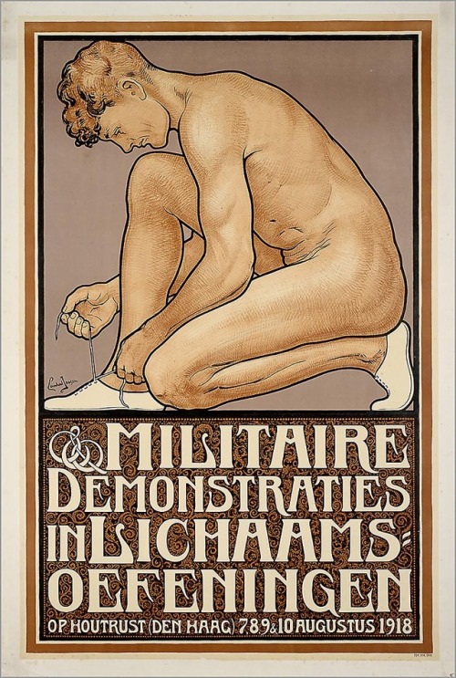 aucelo: Lambertus Mattheus Jansen. Militaire Demonstraties In Lichaamsoefeningen, 1918 [public invitation to a demonstration of athletics at the Dutch military academy at the Hague]. poster, 105.5 x 69.5 cm