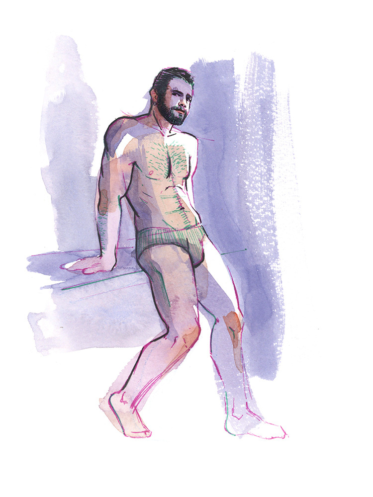 frankpaintsdudes:  ANDREA, Semi-Nude Male by Frank-Joseph  Ink and watercolor study