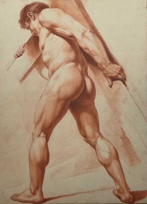 Hadrian6:  Study - Nude Male Figure (Of Christ Carrying A Cross ?) Seen From Three