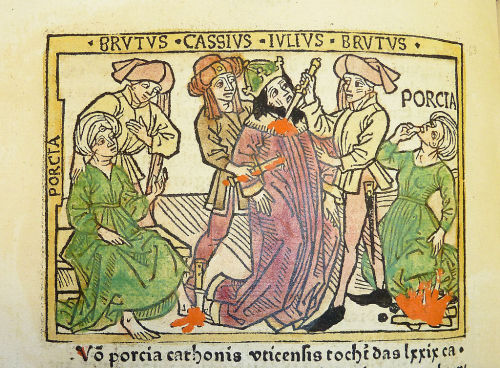 Brutus and Cassius assassinate Julius Caesar in a German woodcut from 1474.