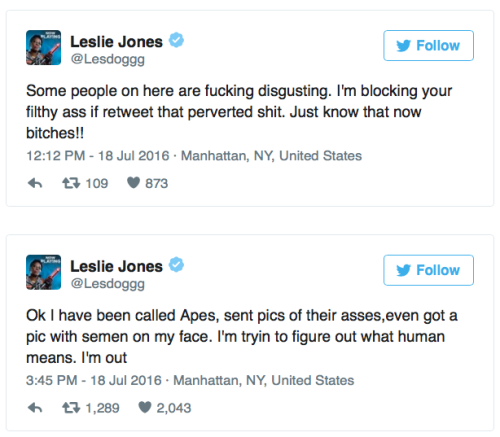 micdotcom:  Leslie Jones exposes the racist and sexist hate she gets on TwitterWhile Twitter continues to ignore its abuse policies, Leslie Jones spent most of Monday highlighting tweets she received from racist and sexist trolls. This prompted both more