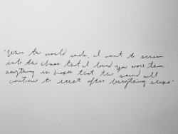 notoriouslye:“When the world ends, I want to scream into the chaos that I loved you more than anything in hopes that the sound will continue to exist after everything stops.” — Mitch Welling