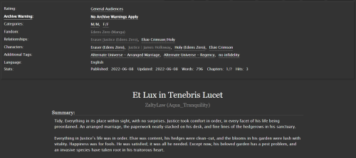 zaltylaw: Et Lux in Tenebris LucetRating: General AudiencesArchive Warning: No Archive Warnings Appl