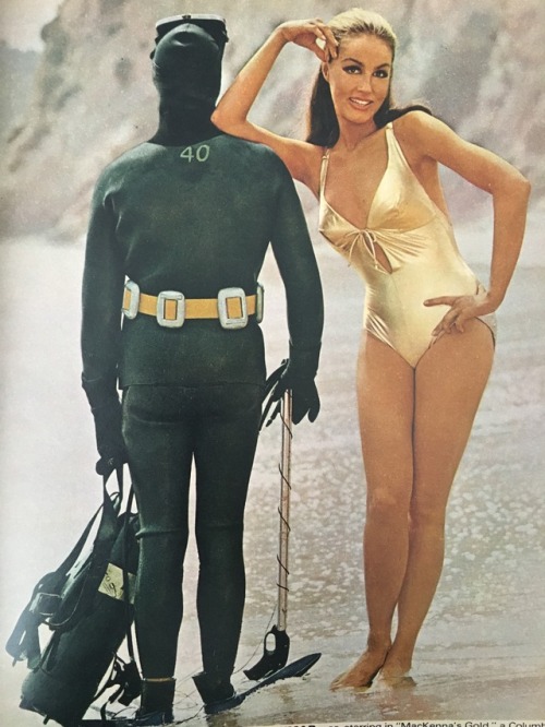 Julie Newmar in a Coppertone advertisement promoting “MacKenna’s Gold." Ingenue Mag