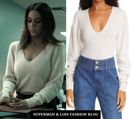 Who: Emmanuelle Chriqui as Lana Lang-CushingWhat: FRAME Leena V-Neck Cashmere Sweater - $380.00Where