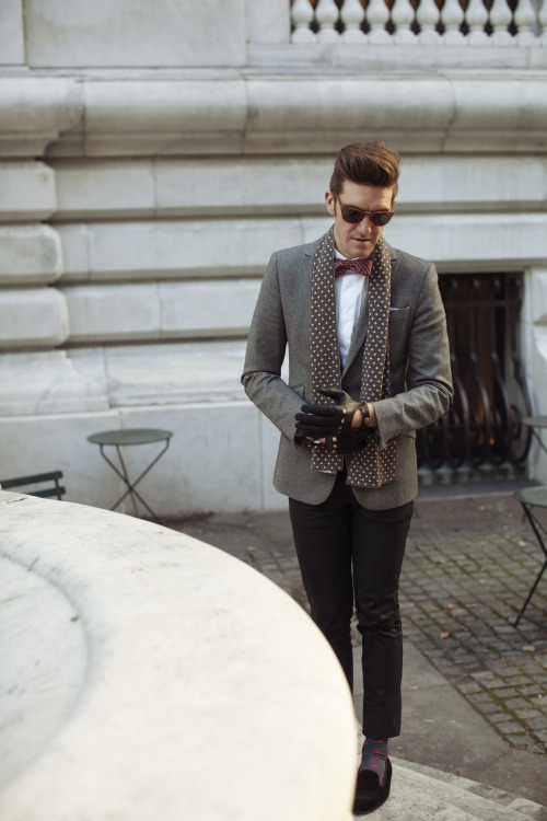 jamesnord: J. Lindeberg jeans, blazer and scarf. Rapha dress shirt, Stubbs and Wooten slippers and P
