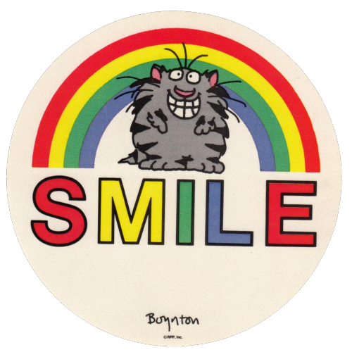 A 1980s sticker by Sandra Boynton featuring a grey striped cat with a wide grin standing in front a 