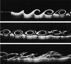 fuckyeahfluiddynamics:  This photo series shows the development of a Kelvin-Helmholtz instability. It’s formed when two layers of fluid move past one another at different speeds. In this case, the two fluids meet off the back of a flat plate (seen at