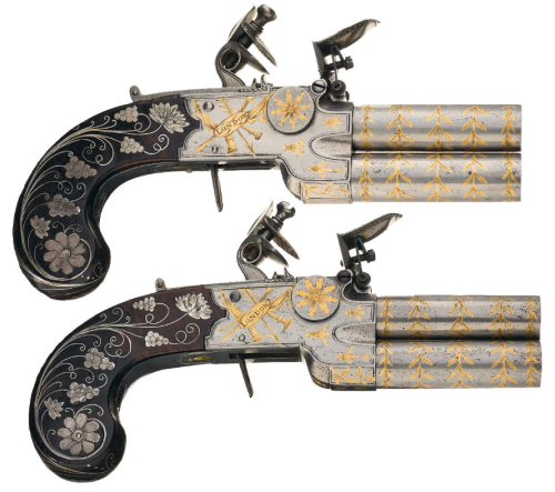 pimpingweapons: Elaborate pair of double barrel “tap action” flintlock pistols.