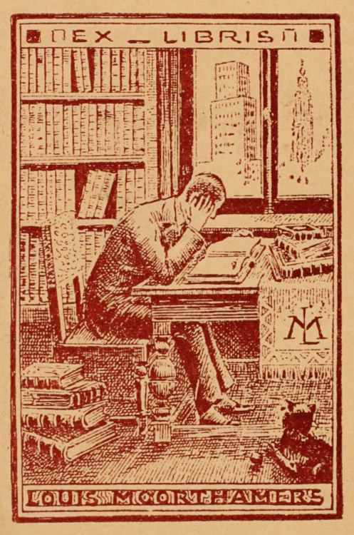 Louis Moorthamers bookplate. Artist: Unknown.A man sits at a table reading a book. Tall buildings ar
