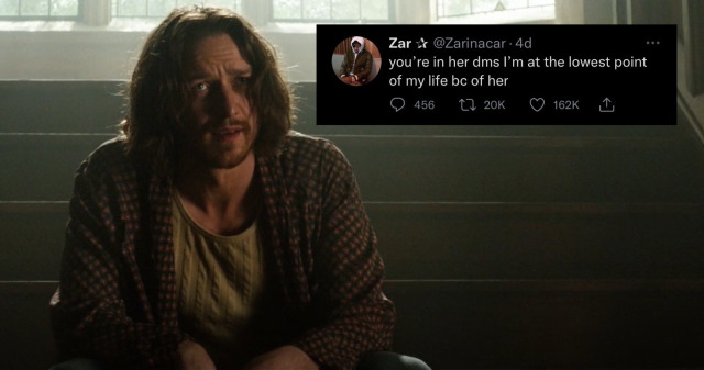 dofp charles sitting on his staircase, wearing a bathrobe over a tanktop, with the tweet "you're in her dms I'm at the lowest point of my life bc of her" photoshopped next to his head 