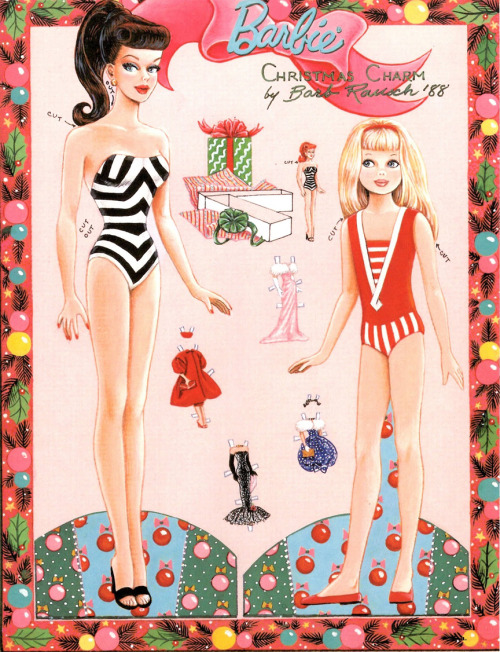 fyretrobarbie:‘Barbie Christmas Charm’ paper dolls by Barb Rauschfrom Barbie Bazaar December 1988