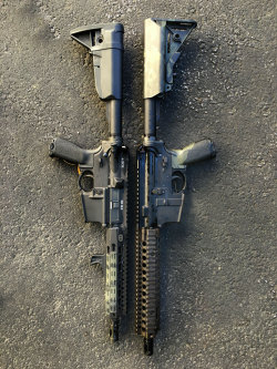 Blackpowderredearth:  Mk18 Mod 3(Left) And Mk18 Mod 1(Right). 9″ Bcm 300 Blackout