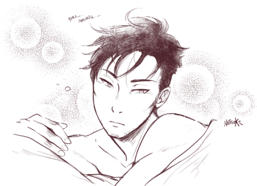natsubu-art:i couldn’t sleep so here’s what yuri sees every morning   ٩(๑❛ᴗ❛๑)۶    Yuri on Ice Lovechildren AU  
