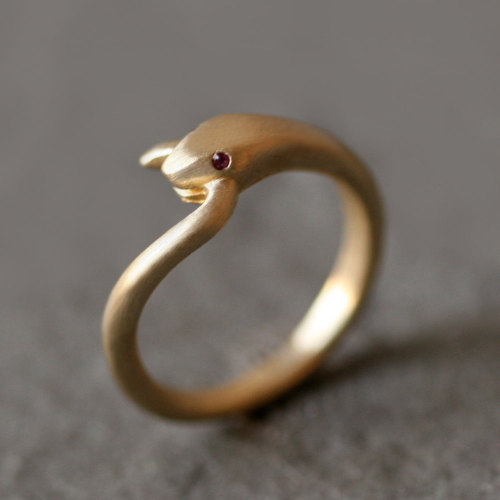 ringtorulethemall:Snake Tail Ring in Brass with Gemstone Eyes rings