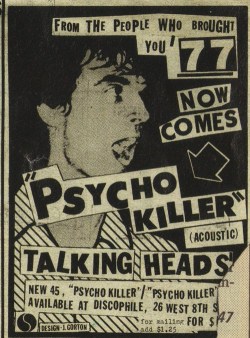 superseventies:  Advertisement for Talking Heads’ ‘Psycho Killer’ single, 1977. 