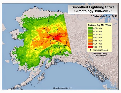 Number of lightning strikes per square mile in Alaska, 1986-2012.