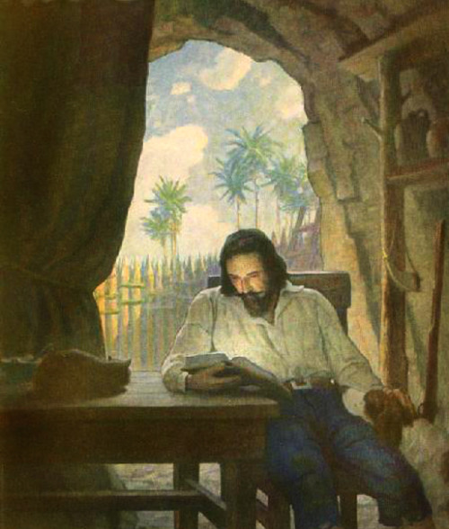 Illustration by N. C. Wyeth. Robinson Crusoe. Daniel Defoe. New York, Cosmopolitan Book Corporation,