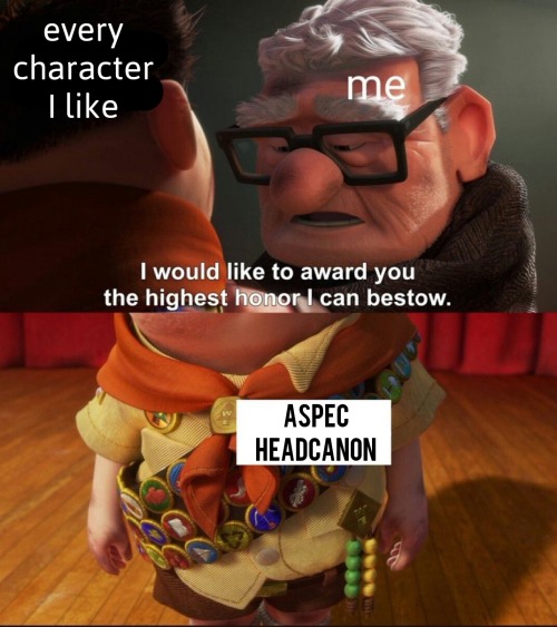 theaceandaroadvocacyproject: [ID: The meme is the old dude from Up, labelled “me,” pinni