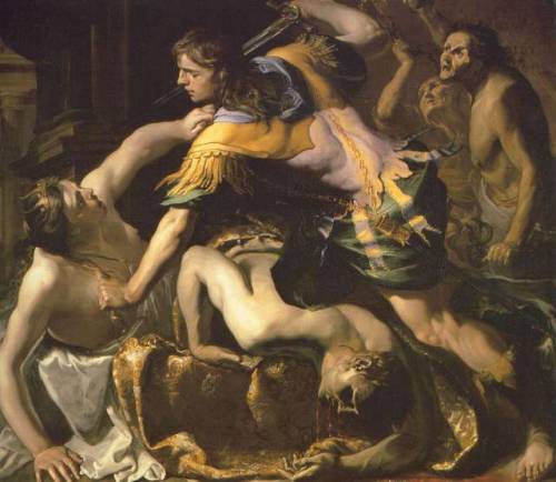 lionofchaeronea:Orestes Slaying Aegisthus and Clytemnestra, Bernardino Mei, 1654