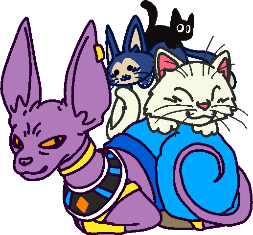 from bottom to top, beerus, korin, puar, and scratch. they are all loafing like regular cats and stacked on top of each other.
